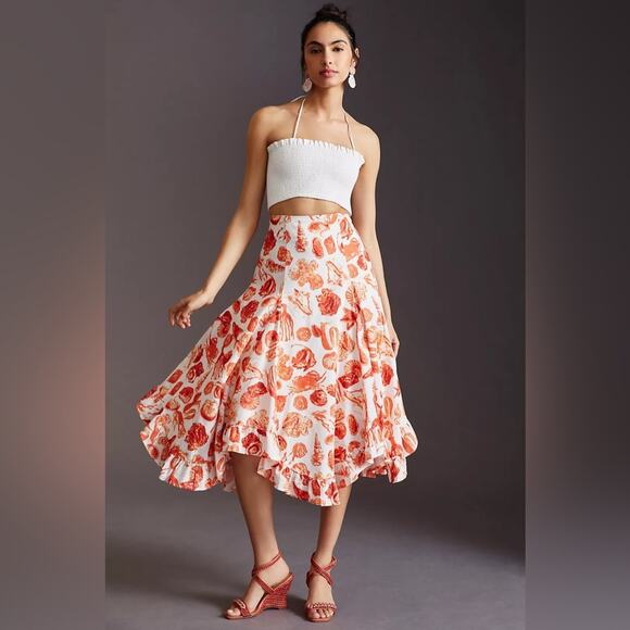 Maeve Anthropologie A-Line Ruffled Midi Skirt with Seashells Orange/White US 6 - Picture 1 of 14